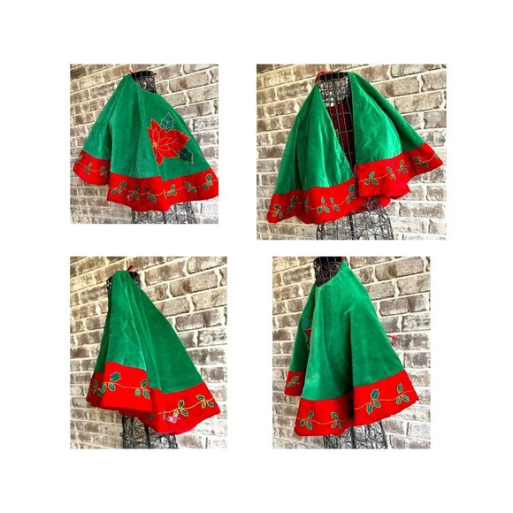 VTG Poinsettia Christmas Tree Skirt Red Green Holly Embroidered Flower L… - Picture 3 of 12